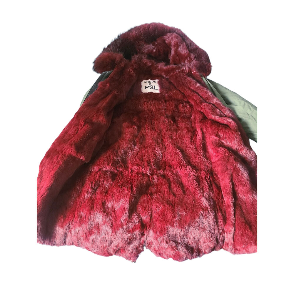 Crude x PSL Green Parka Jacket Red Rabbit Fur Size Small - Picture 3 of 7